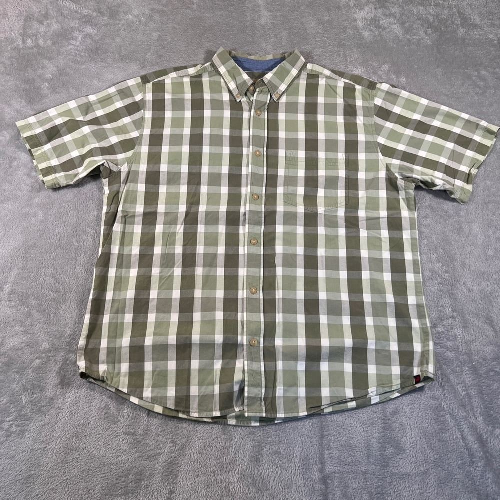 Woolrich‎ Button Up Shirt Mens XL Green Beige Plaid Short Sleeve Collared Casual